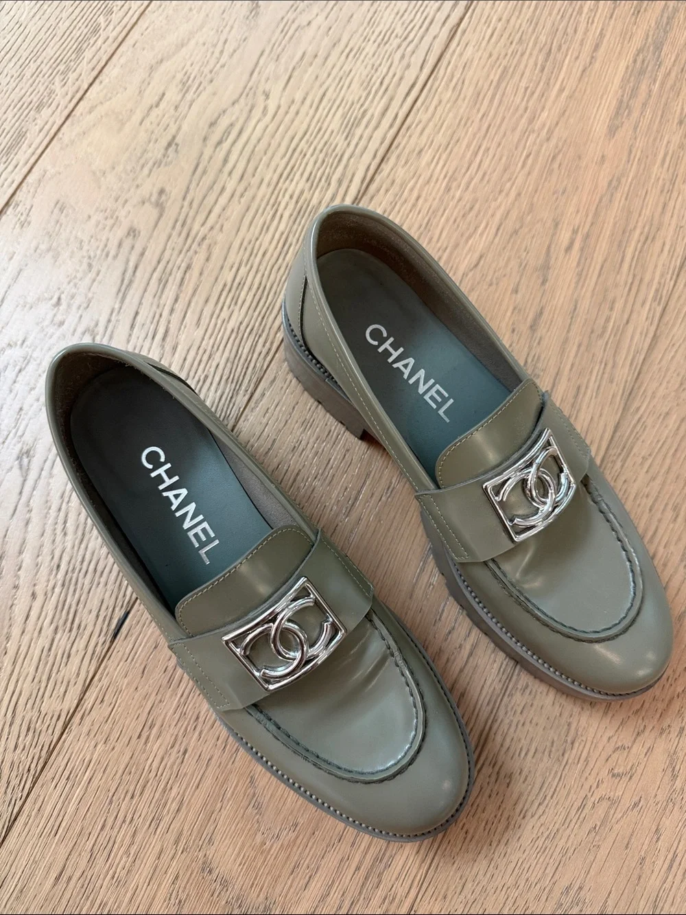 Chanel Khaki Green Leather Lug Sole Loafers